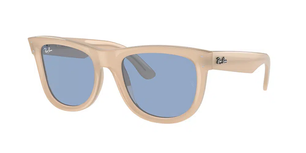 Lunettes Ray-Ban Collection Reverse 2024 avec monture beige et verres bleu vintage - Collaboration Lenny Kravitz