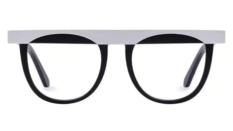 Veronika Wildgruber Deckard glasses in silver and black, avant-garde geometric design