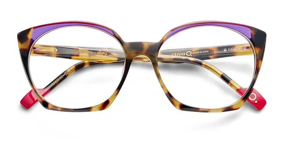 Etnia Barcelona CLEOPA-56O-HVPU eyeglasses in brown tortoiseshell with purple accents, featuring a feminine design.