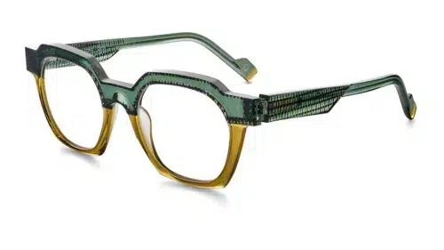 Etnia Barcelona LONG-50O-GRYW eyeglasses in green and yellow acetate, featuring a sophisticated geometric design.