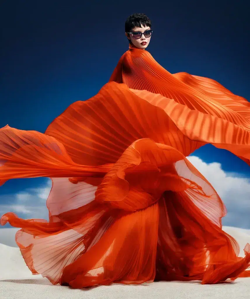 Be An Artist. A woman wearing sunglasses from Etnia Barcelona’s SS25 collection, dressed in a flowing orange dress in a desert setting.