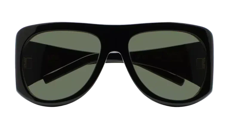 Vista frontal de las gafas de sol KALEOS Haworth, montura negra elegante con lentes verdes.