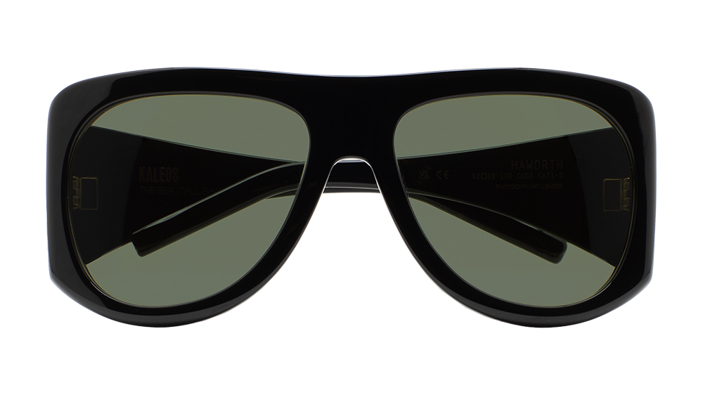 Lunettes de soleil KALEOS Haworth, vue de face, monture noire élégante avec verres verts.