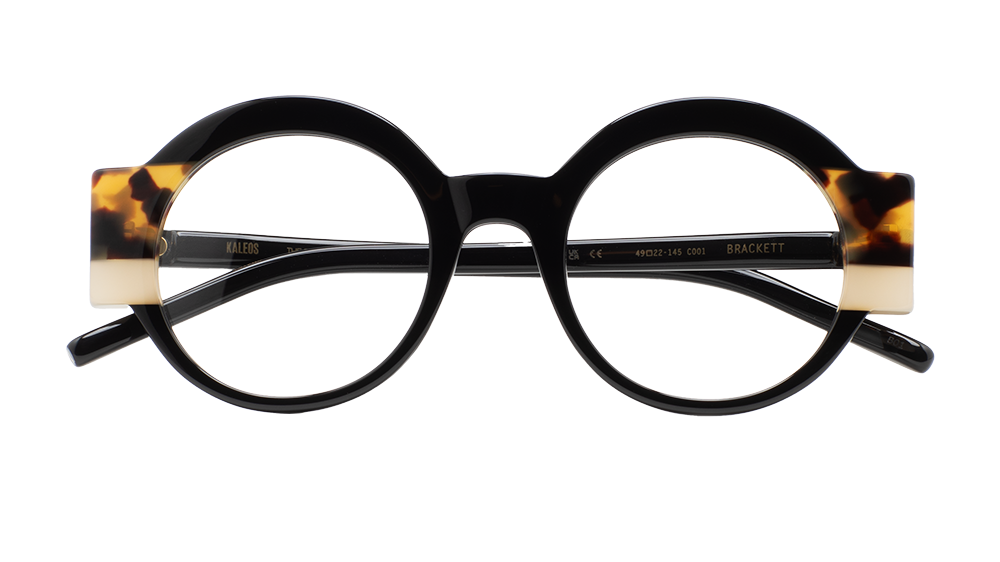 Lunettes de vue KALEOS Brackett, monture ronde noire avec détails écaille, vue de face.