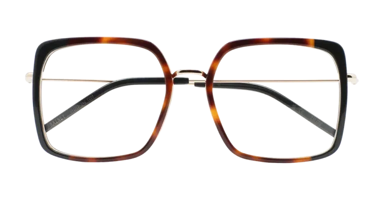 Vista frontal de las gafas de vista KALEOS Rainey, montura cuadrada de carey con patillas doradas.