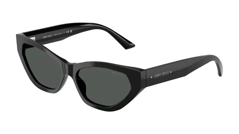Jimmy Choo JC5022B sunglasses in black acetate with a cat-eye design and tinted lenses.