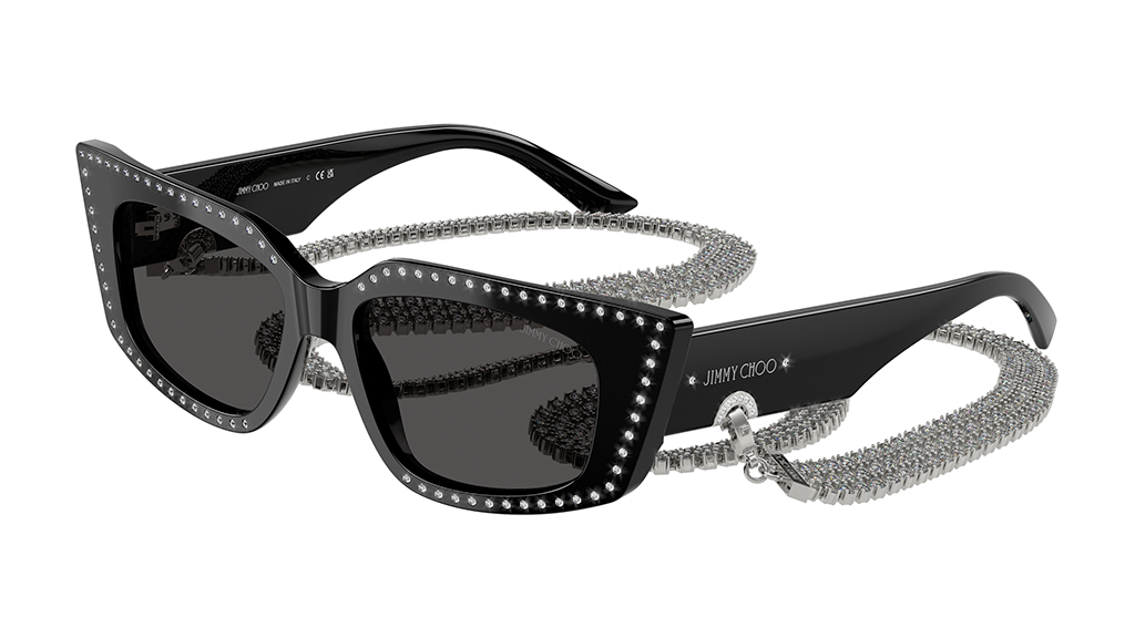 Lunettes Jimmy Choo JC5033B en acétate noir avec design cat-eye, ornées de cristaux et chaîne en métal argenté.