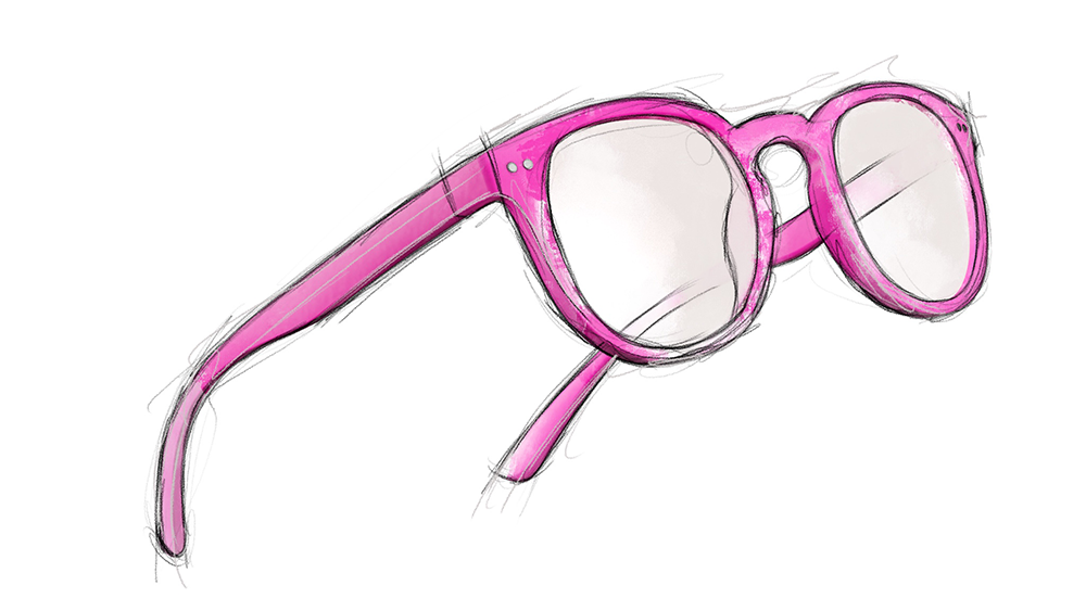 Croquis artistique d'une paire de lunettes Horus X aux montures roses, illustrant le processus de conception.