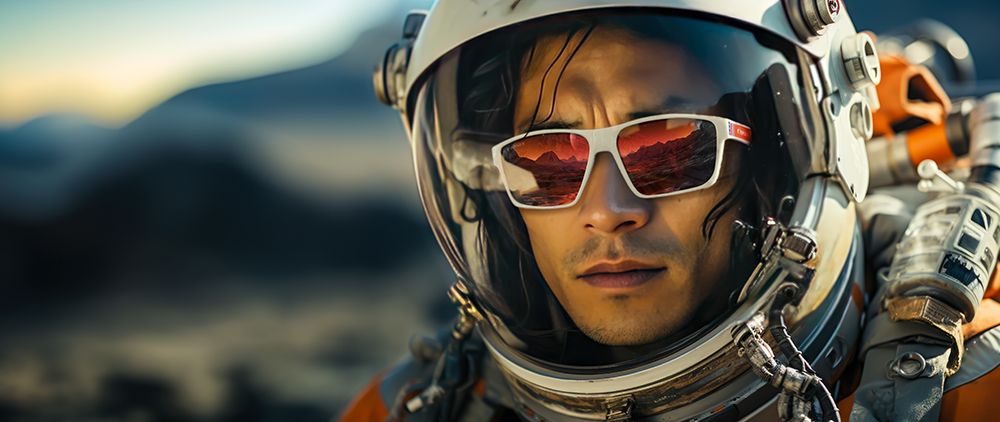 Homme en combinaison spatiale portant des lunettes anti lumière bleue Horus X, avec un paysage reflété dans les verres.