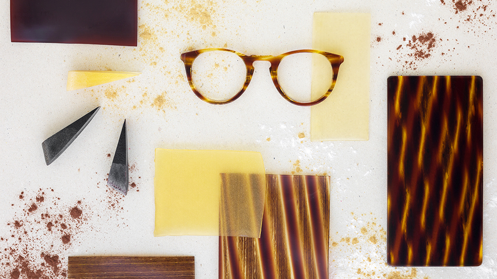 Mazzucchelli 1849 cellulose acetate materials with a frame in the making, highlighting natural textures and artisanal craftsmanship for the optical industry.