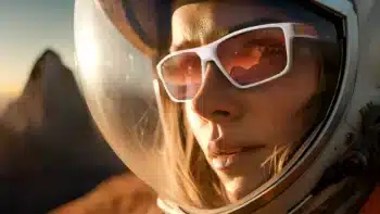Una mujer con gafas con filtro de luz azul Horus X y un casco de protección, reflejando un paisaje.