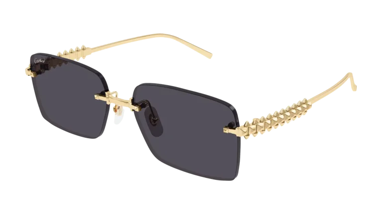 Gafas de sol Clash de Cartier 2025 modelo CT0545S con montura cuadrada en metal dorado y clavos móviles en las varillas