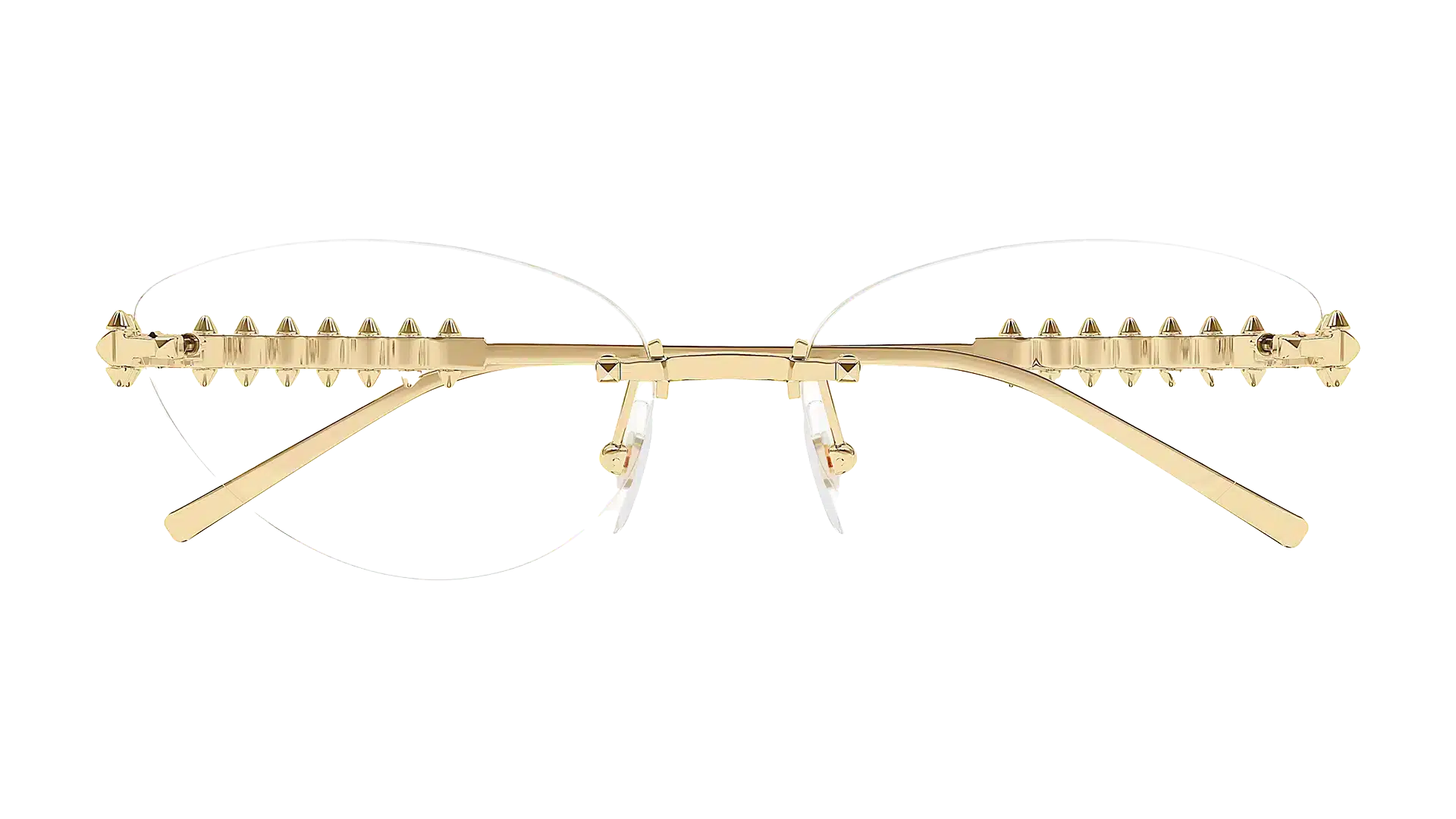 Front view of the CT0565O gold optical frame from Cartier Clash 2025, featuring mobile stud details