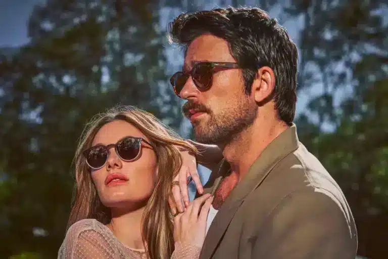 Camille Rowe and Brandon Sklenar wearing Oliver Peoples O’Malley Sun and Cary Grant Sun sunglasses, 2025 collection