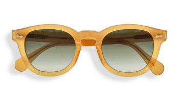 Lunettes de soleil Dorata, monture panto en acétate jaune miel transparent, pont keyhole, rivets en losange, verres dégradés vert