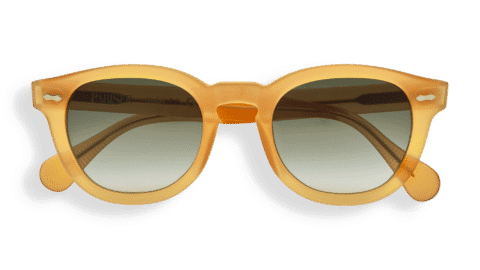 Lunettes de soleil Dorata, monture panto en acétate jaune miel transparent, pont keyhole, rivets en losange, verres dégradés vert