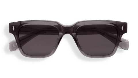 Lunettes de soleil Essentiel N2 vues de face : monture rectangulaire en acétate fumé translucide, verres gris foncé, rivets métal