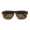 Lunettes de soleil Freschezza en acétate vert olive translucide avec verres bruns, vue de face sur fond noir