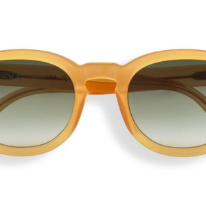 Dorata sunglasses, panto-shaped transparent honey yellow acetate frame, keyhole bridge, diamond rivets, green gradient lenses