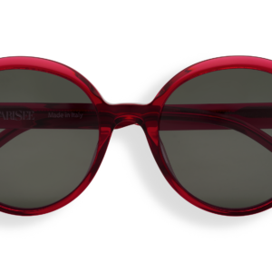Fiamma sunglasses, round transparent red acetate frame, dark gray lenses