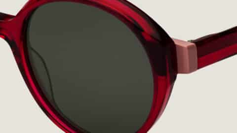 Detalle Fiamma, gafas de sol redondas rojo transparente, bisagra y varilla, lentes grises