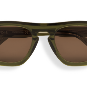Front view of Freschezza sunglasses in translucent olive-green acetate with brown lenses on a black background