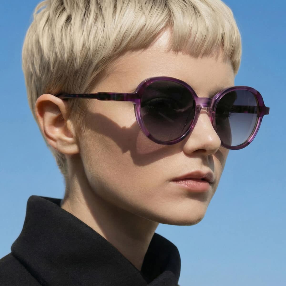 Gafas de sol Stelle puestas, montura redonda de acetato violeta transparente, lentes grises