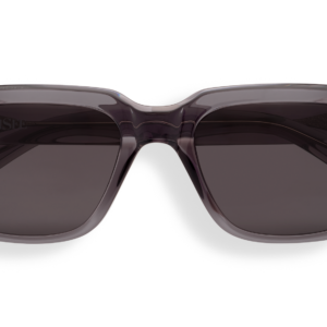 Lunettes de soleil Essentiel N2 vues de face : monture rectangulaire en acétate fumé translucide, verres gris foncé, rivets métal