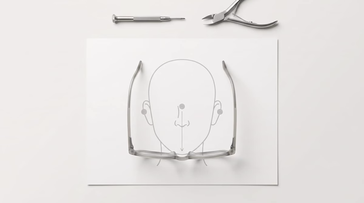 Lunettes qui glissent : schéma de glissement au niveau du pont avec repères nez et oreilles pour diagnostic et réglages